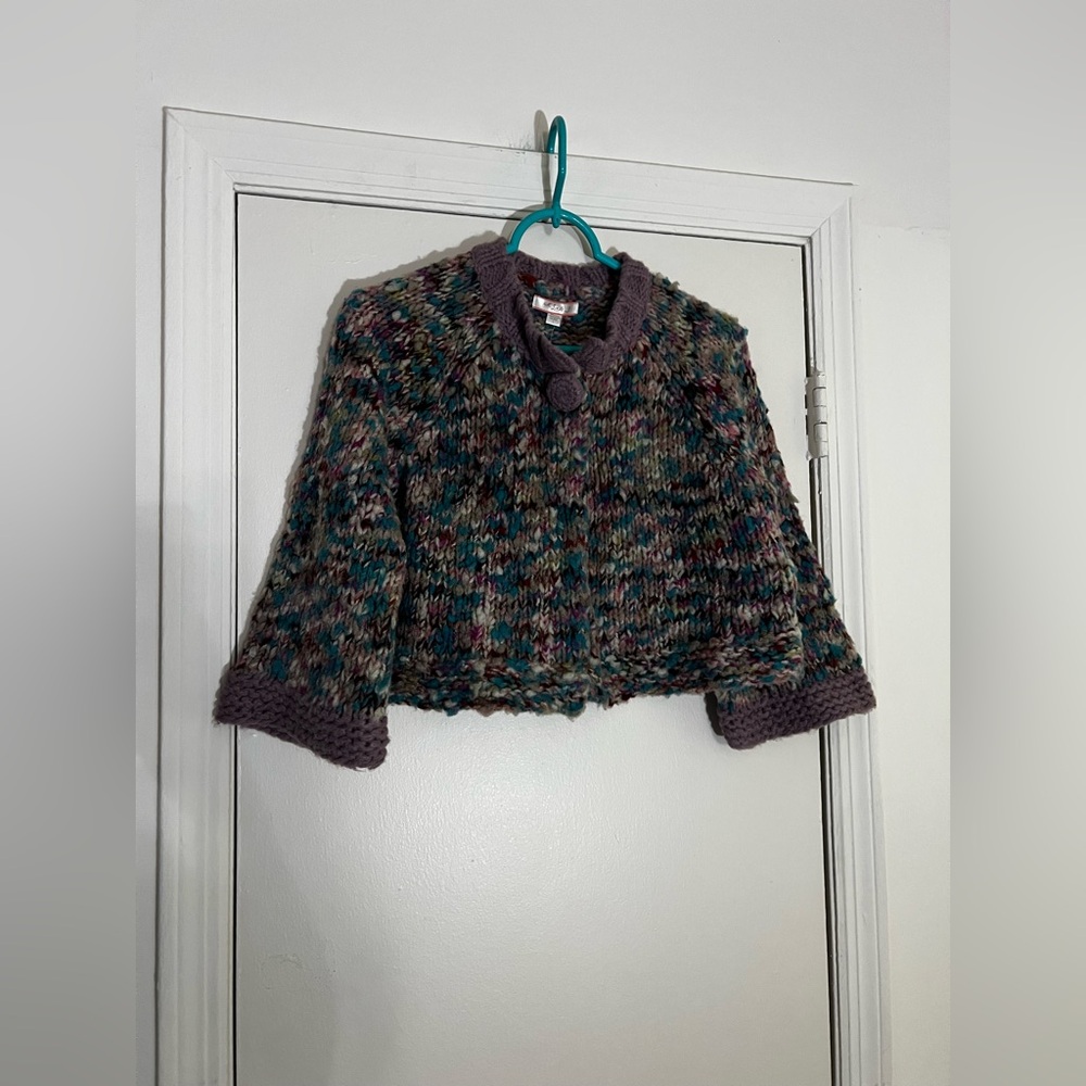 Lux Brown and purple knit sweater with a fuzzy, textured feel
Size Large